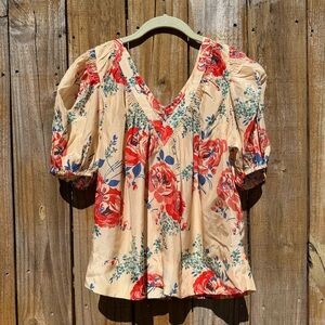 NWOT The Great silk floral blouse short puffed sleeves v-neck